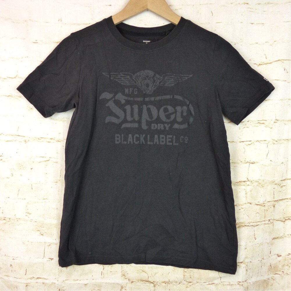 Superdry Black Label T-Shirt Women US 6 Black Out Graphic Logo Short Sleeve Moto